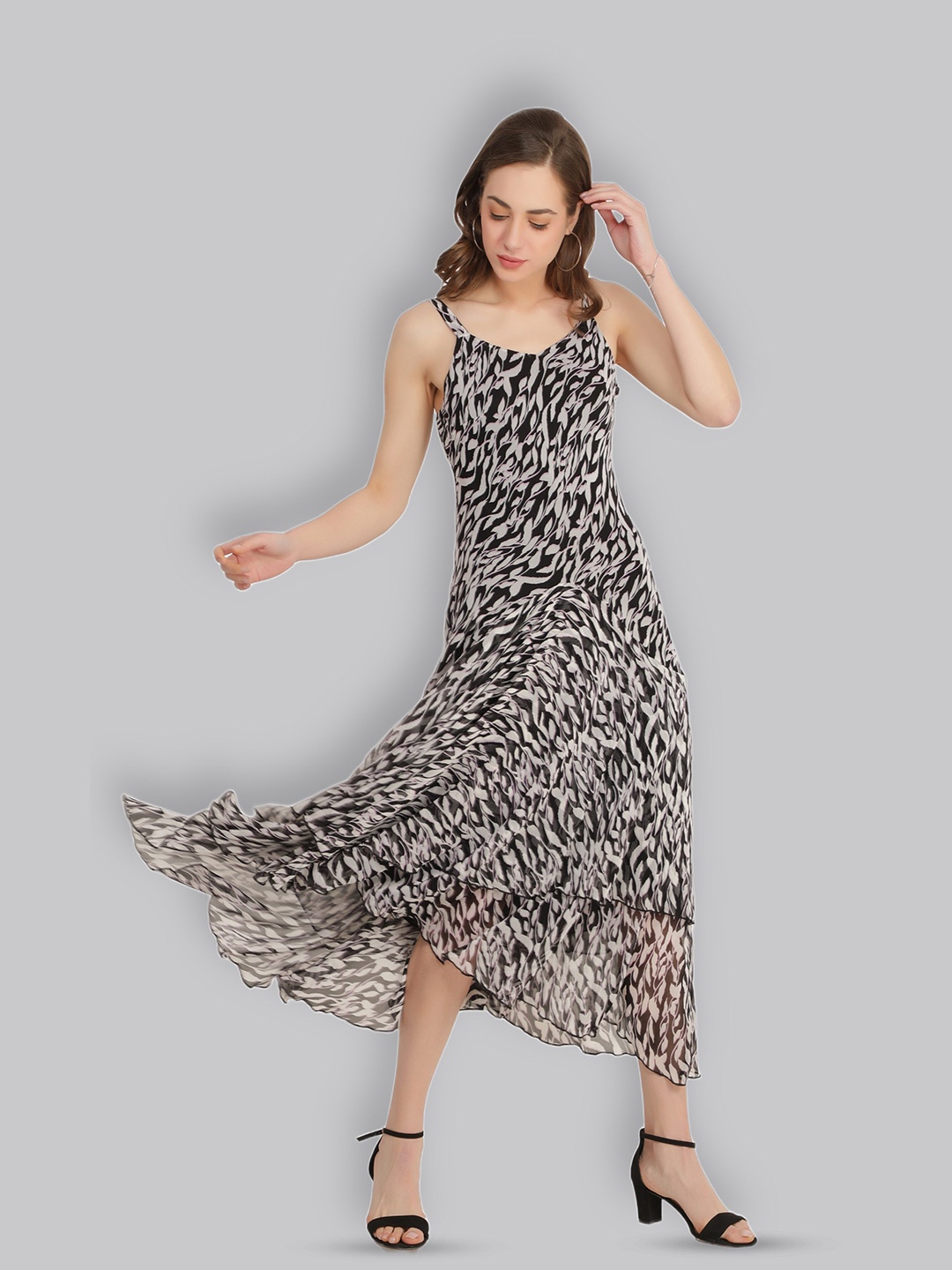 TSM Abstract Printed Georgette Fit & Flare Dress, Black