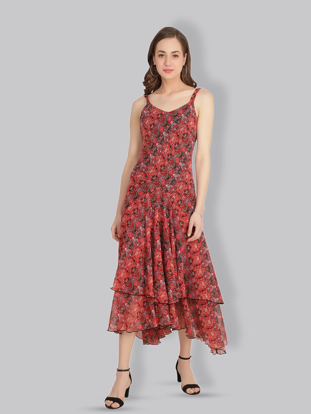 TSM Abstract Printed Shoulder Straps Georgette Layered A-Line Midi Dress, Red