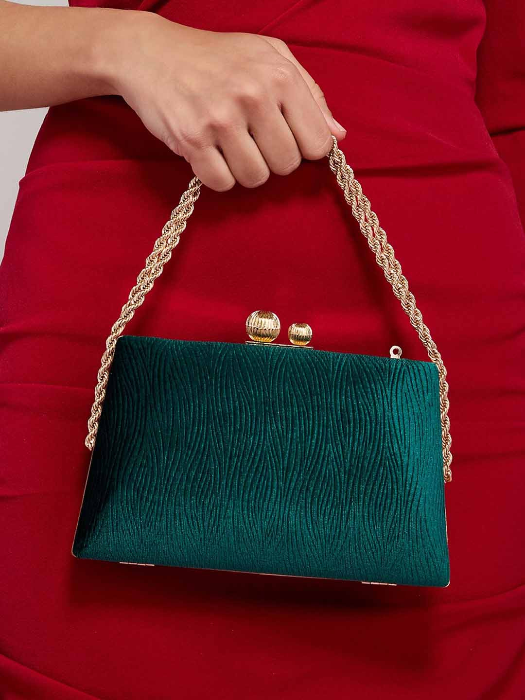 

20Dresses Green Textured Velvet Party Box Clutch