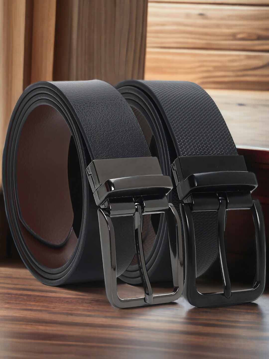 CRUSSET Men Set of 2 Leather Reversible Formal Belts, Black