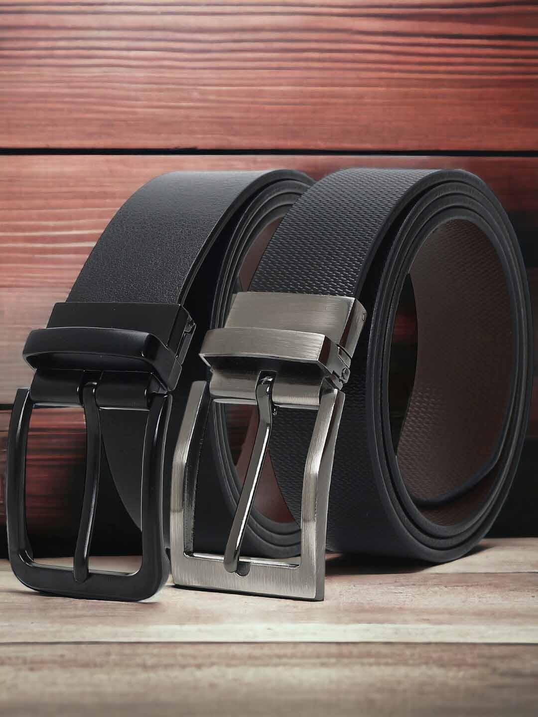 CRUSSET Men Set of 2 Leather Reversible Formal Belts, Black