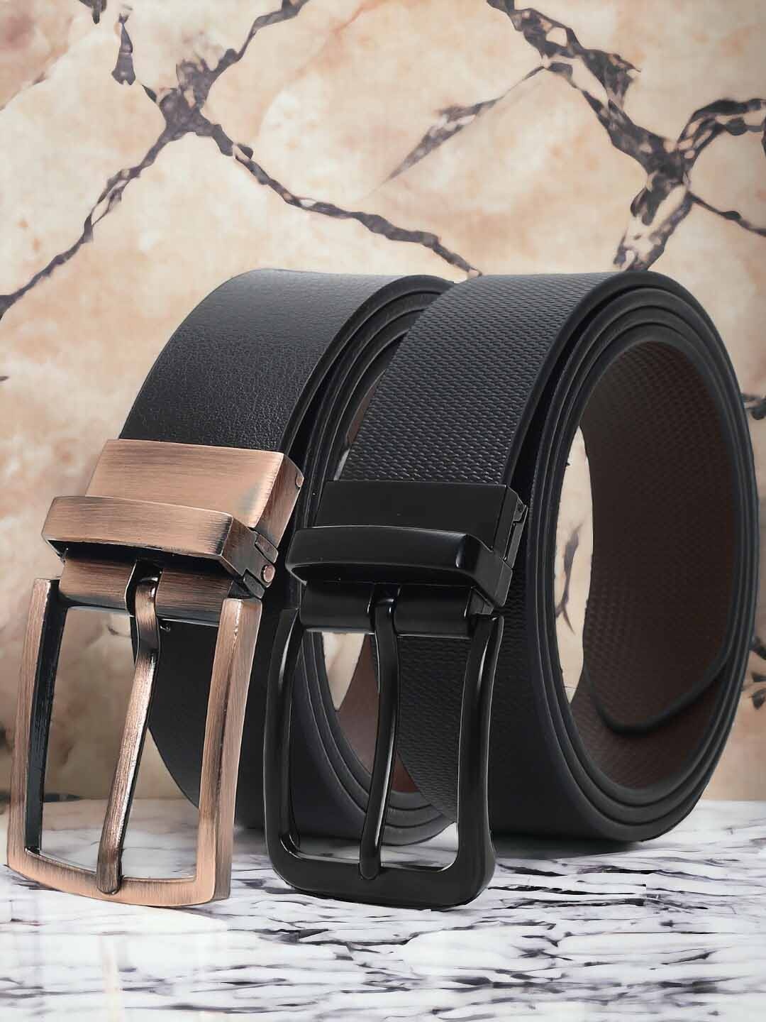 CRUSSET Men Set of 2 Leather Reversible Formal Belts, Black