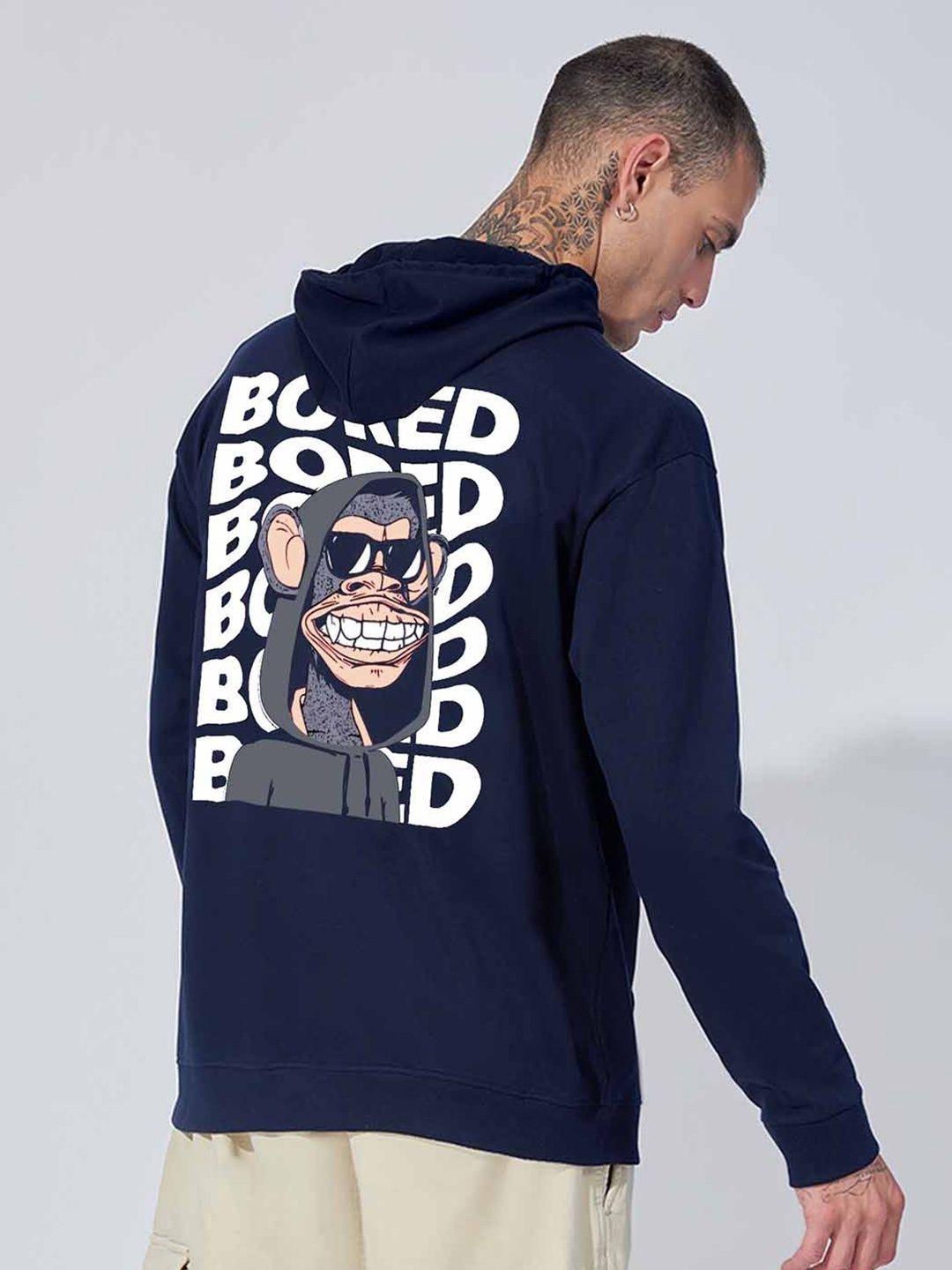 Maniac Graphic Printed Hooded Neck Long Sleeves Cotton Pullover Sweatshirt, Navy blue