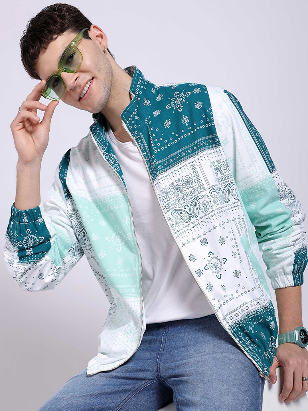 

The Indian Garage Co Ethnic Motifs Printed Lightweight Cotton Tailored Jacket, Teal