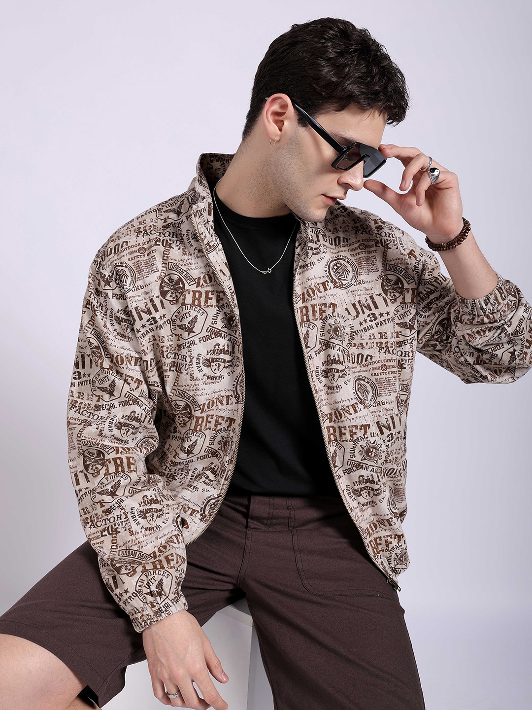 

The Indian Garage Co Typography Printed Lightweight Bomber Jacket, Brown