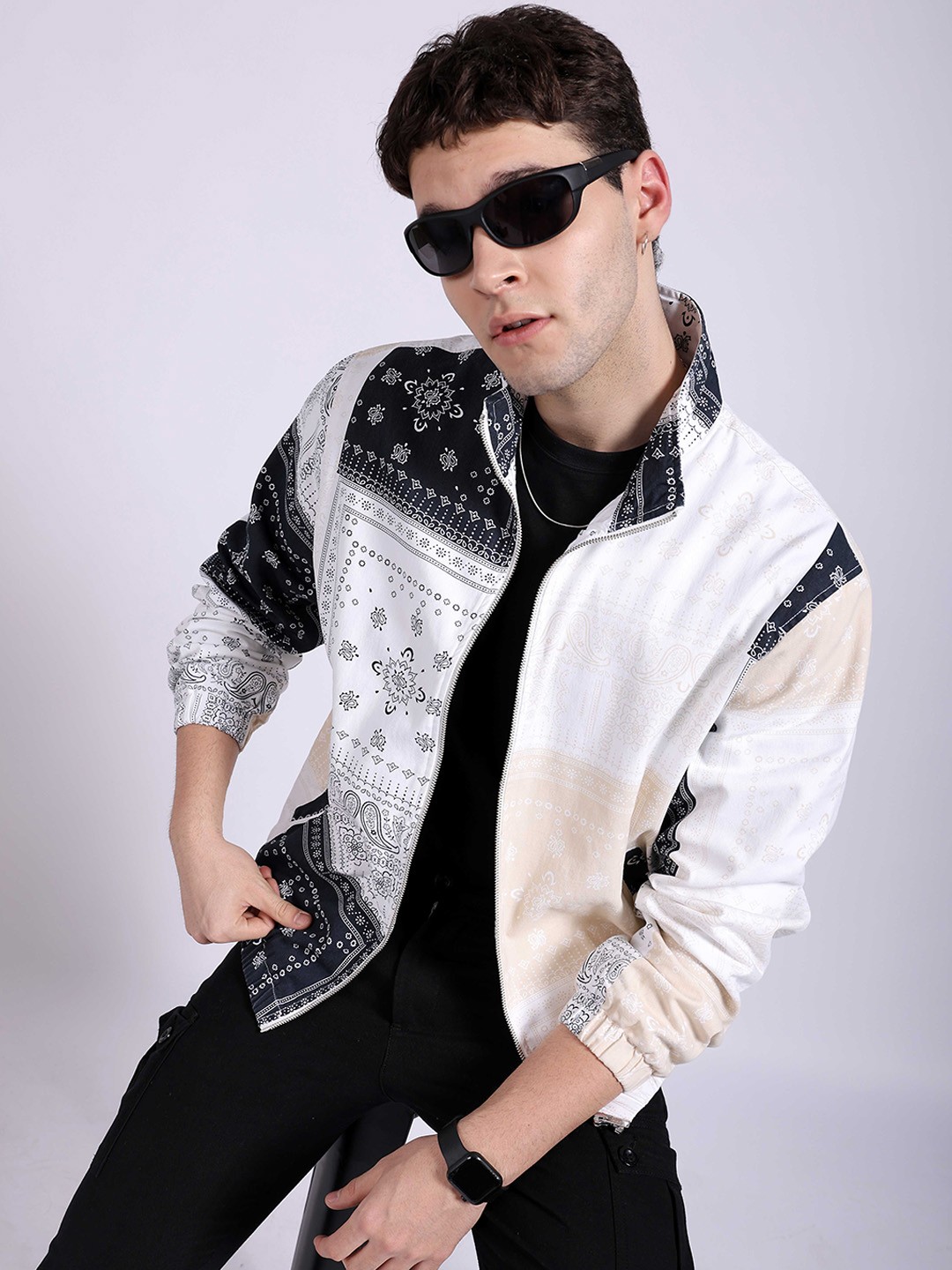 

The Indian Garage Co Ethnic Motifs Printed Lightweight Bomber Jacket, Beige