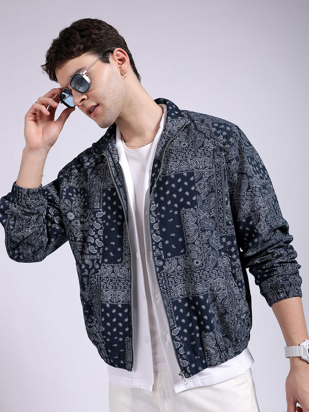 

The Indian Garage Co Ethnic Motifs Printed Lightweight Bomber Jacket, Navy blue