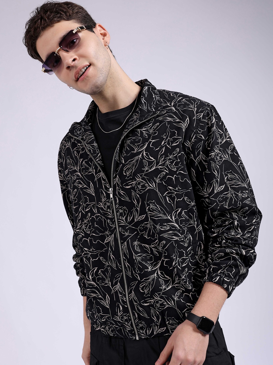 

The Indian Garage Co Floral Printed Lightweight Bomber Jacket, Black