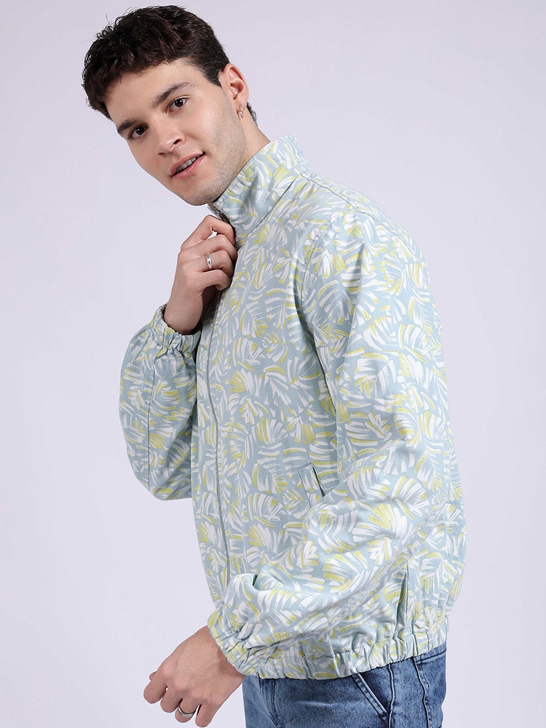 

The Indian Garage Co Floral Printed Lightweight Cotton Bomber Jacket, Green