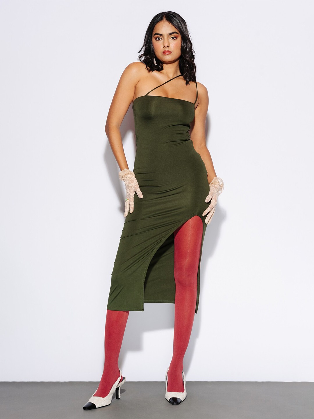 

FREAKINS One Shoulder Bodycon Midi Dress, Green