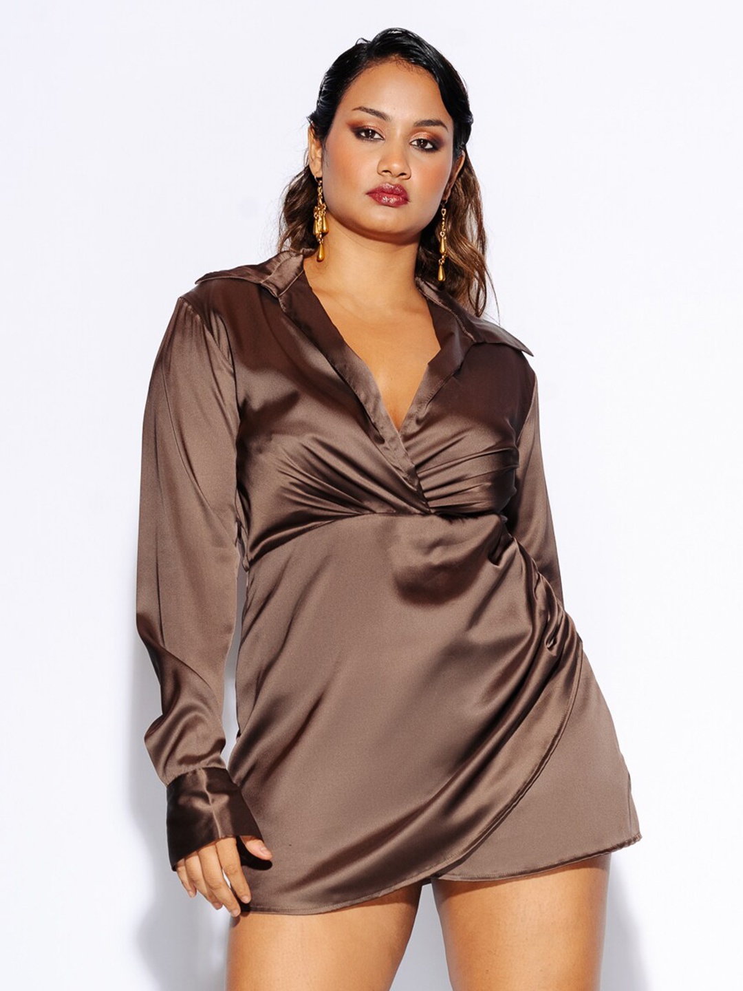 

FREAKINS Cuffed Sleeve A-Line Dress, Brown