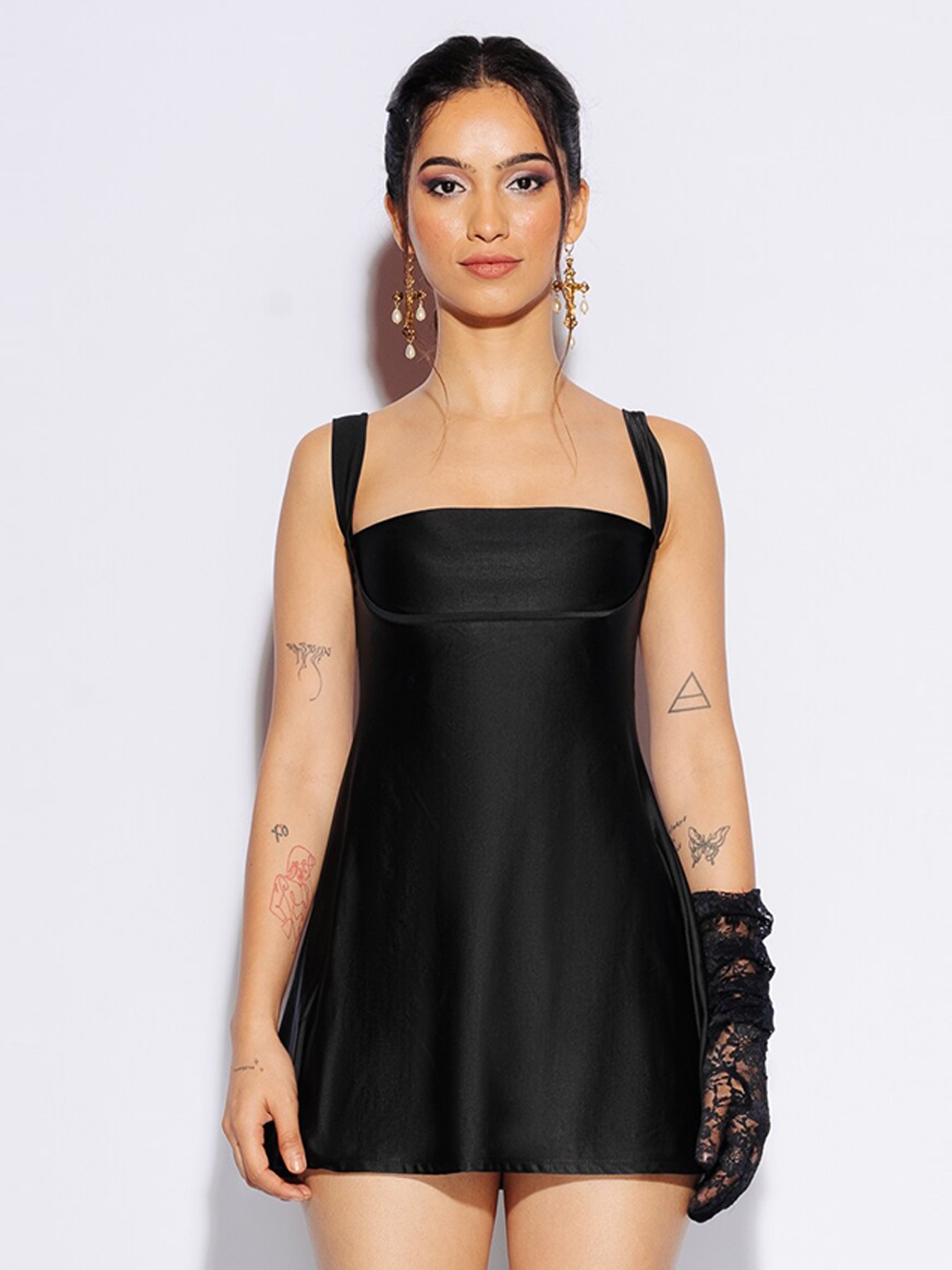 

FREAKINS Black Shoulder Straps Sleeveless Satin Sheath Mini Dress