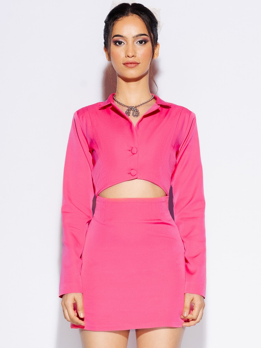 

FREAKINS Pink Shirt Collar Long Sleeves Cut-Outs Sheath Mini Dress