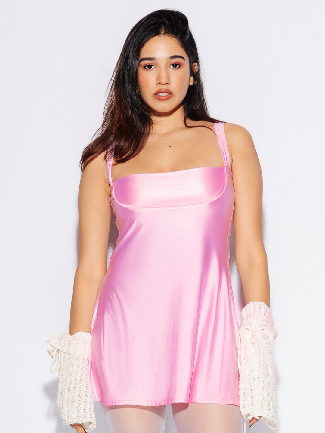 

FREAKINS Shoulder Strap Dress Satin Sheath Mini Dress, Pink