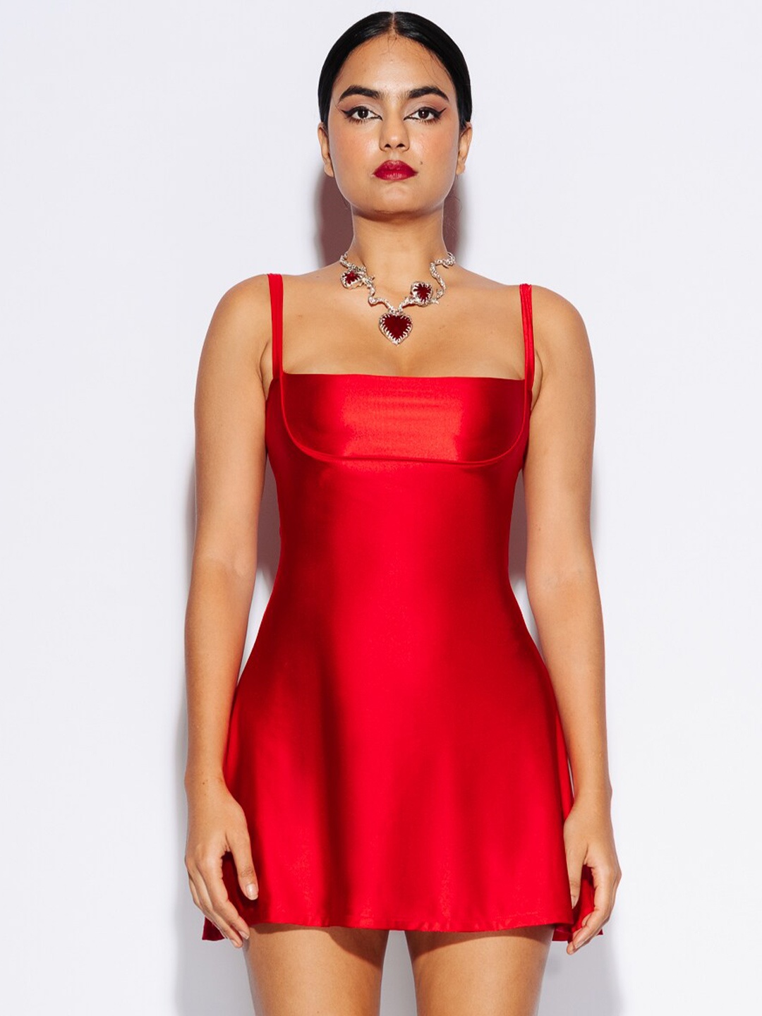 

FREAKINS Red Shoulder Strap Satin A-Line Dress