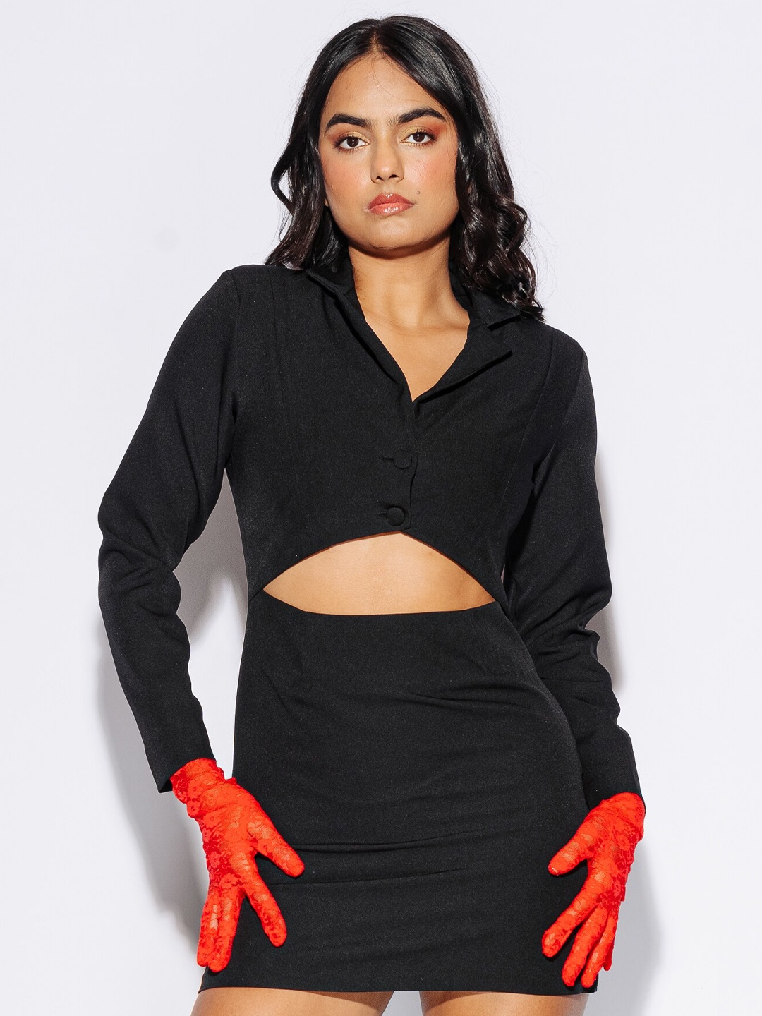 

FREAKINS Shirt Collar Long Sleeves Cut Out Crepe Sheath Dress, Black