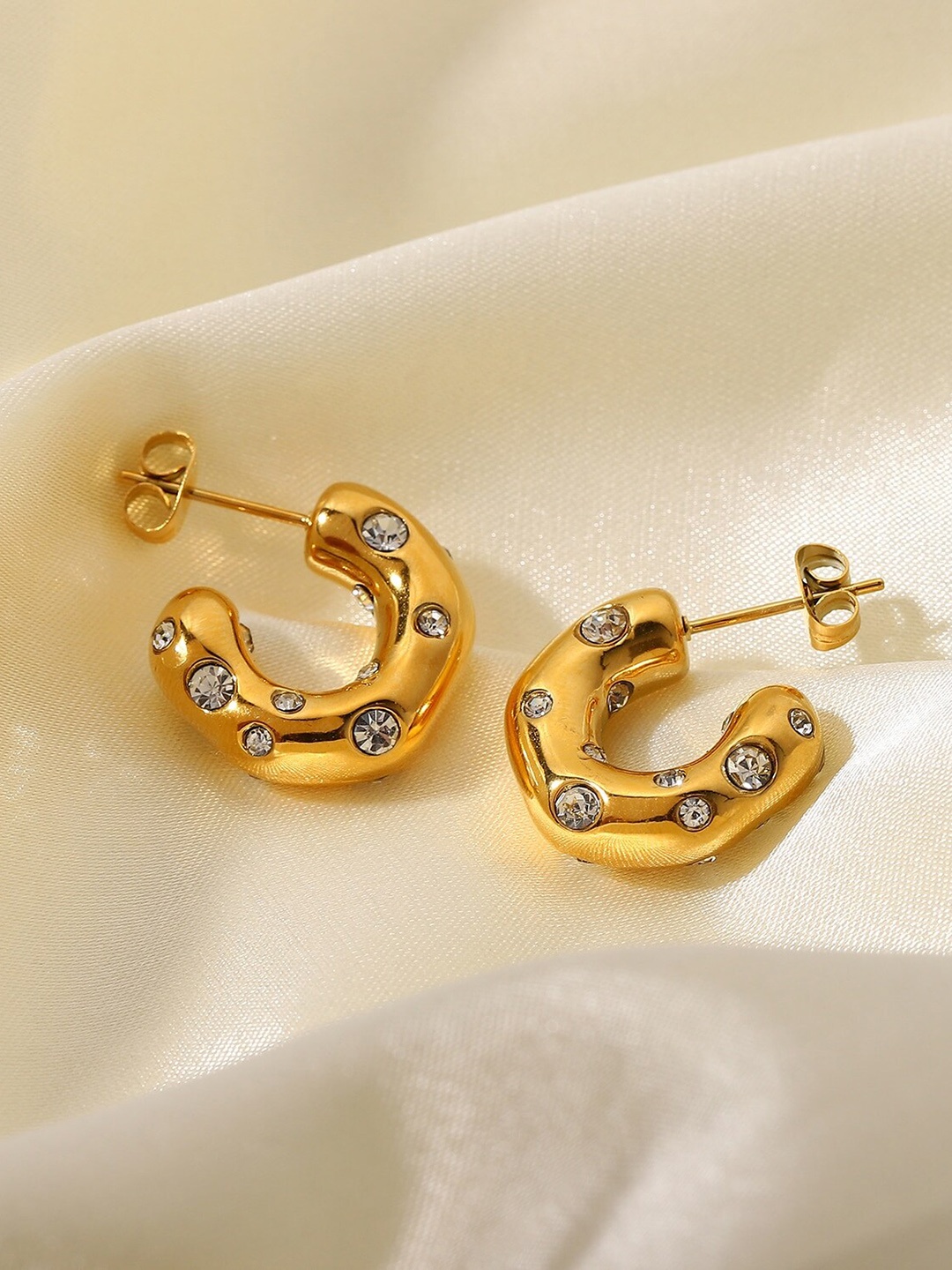 

ZIVOM 18K Gold Plated Cubic Zirconia Studded Stainless Steel Half Hoop Earrings