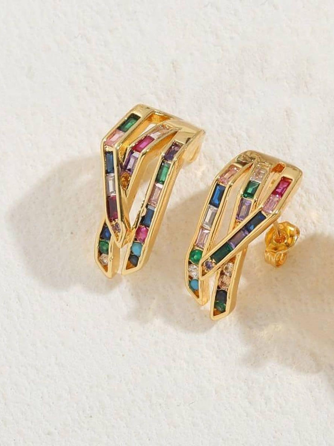 

ZIVOM Gold-Plated Cubic Zirconia Studded Geometric Studs