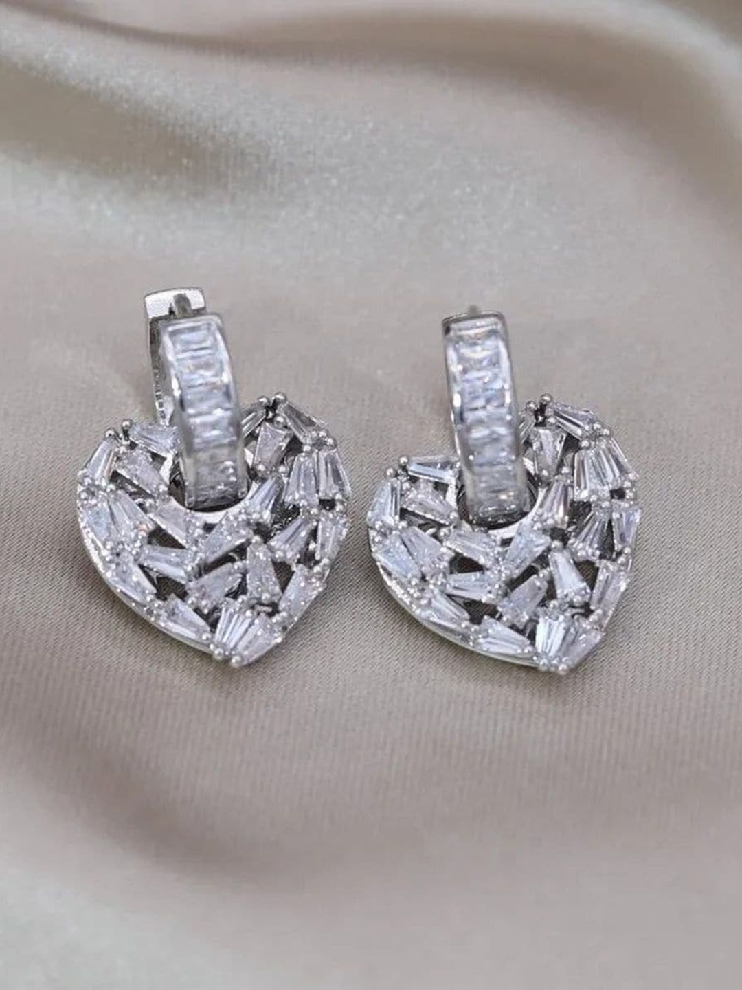 ZIVOM Silver-Plated Cubic Zirconia-Studded Heart Shaped Hoop Earrings