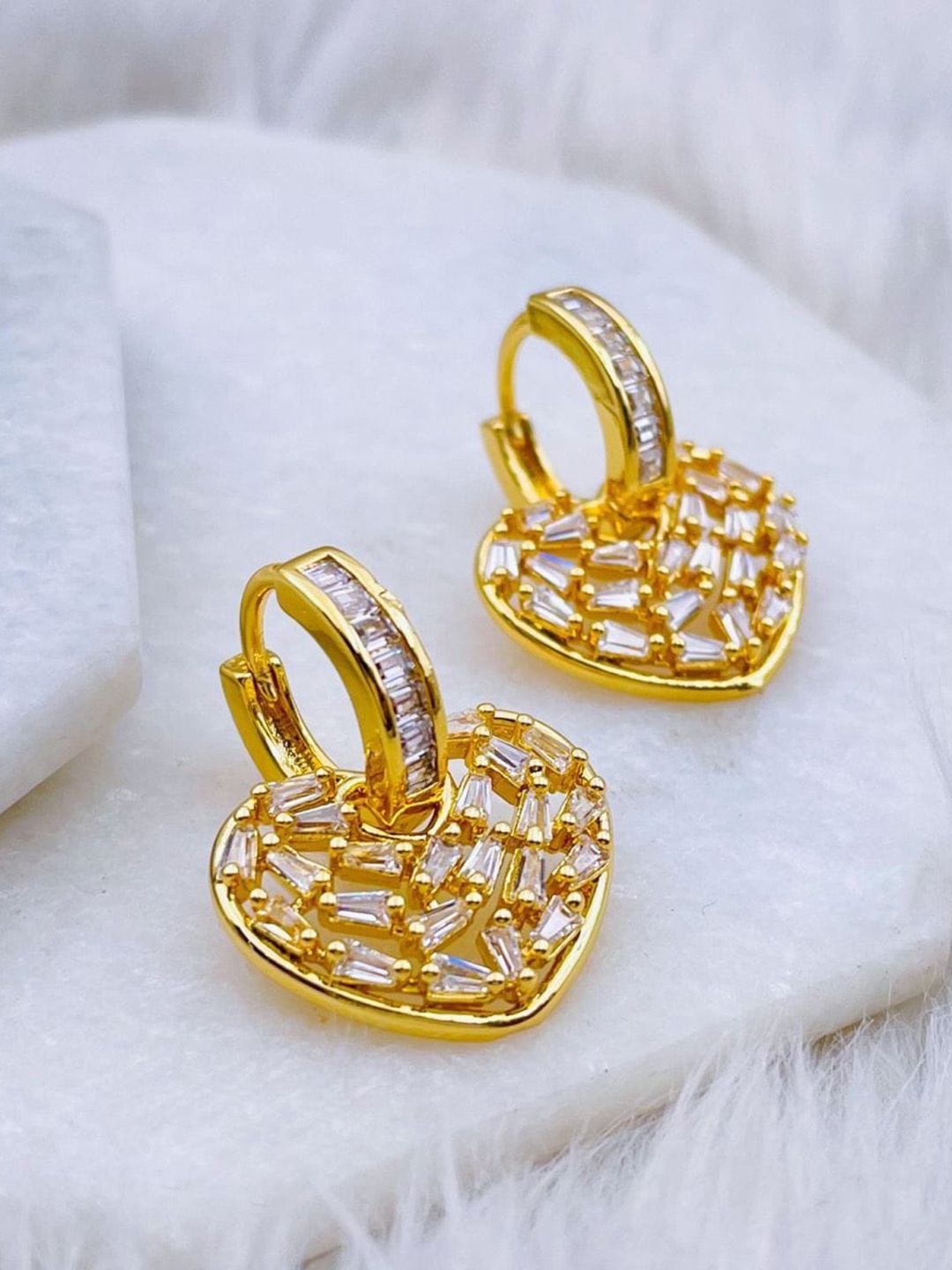 

ZIVOM Gold-Plated stone Studded Heart Shaped Hoop Earrings