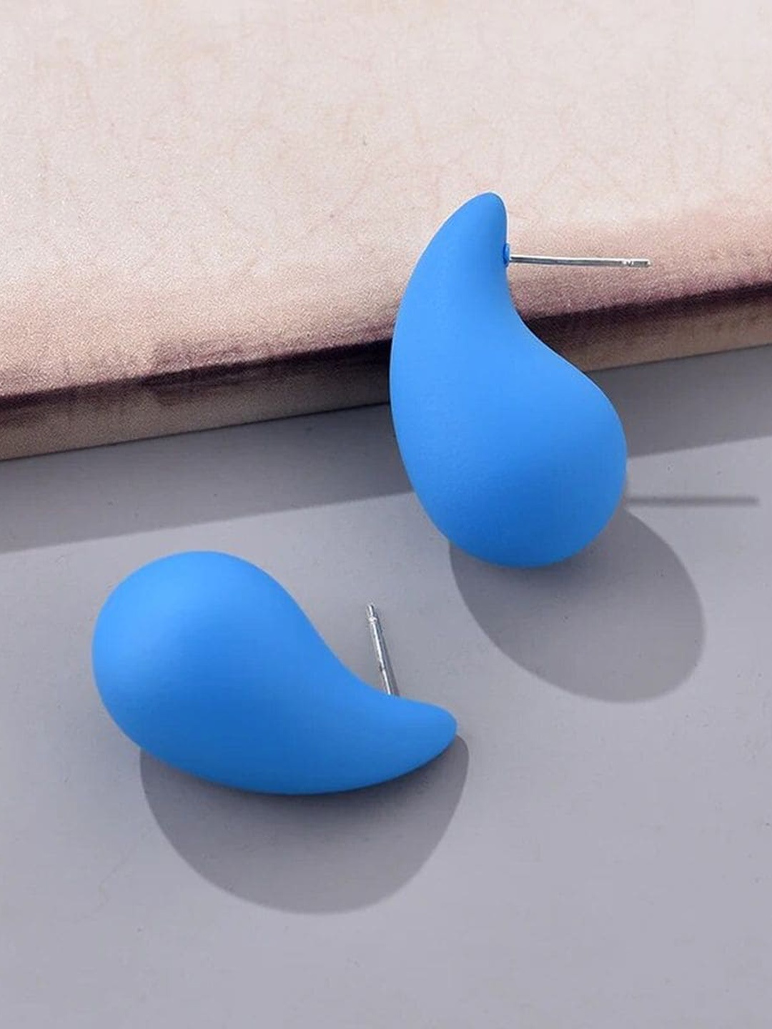 ZIVOM Silver-Pleated Teardrop Shaped Drop Earrings, Blue