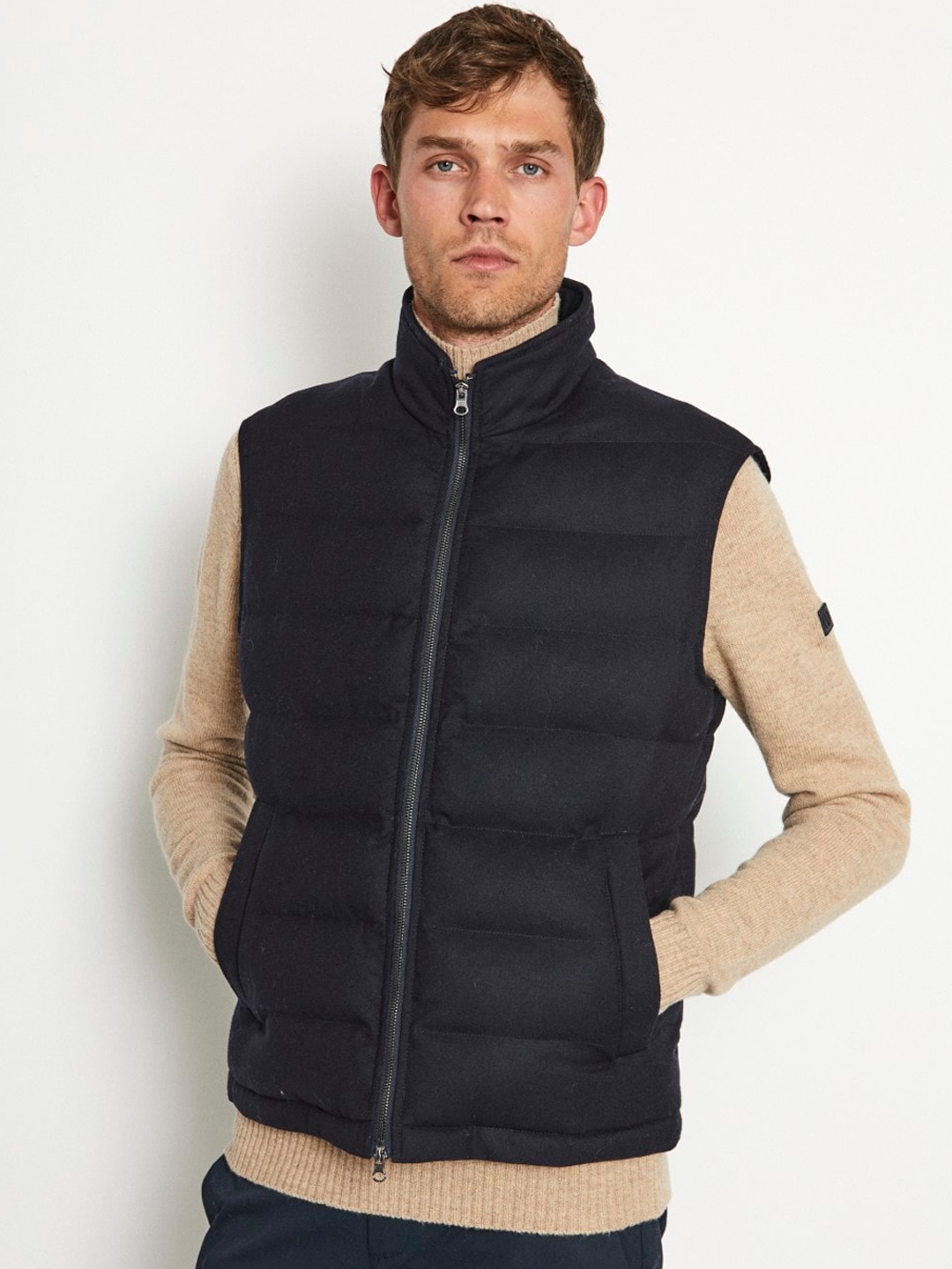 

Bruun & Stengade Stand Collar Sleeveless Woollen Puffer Jacket, Navy blue