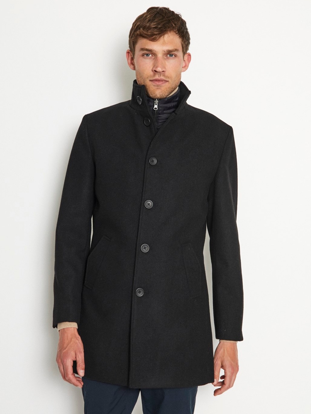 Bruun & Stengade Slim Fit Single Breasted Mock Collar Overcoat, Black