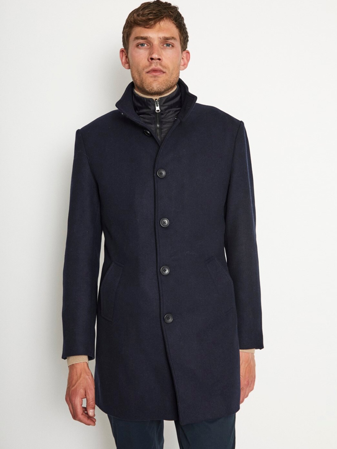 

Bruun & Stengade Slim Fit Single Breasted Mock Collar Overcoat, Blue