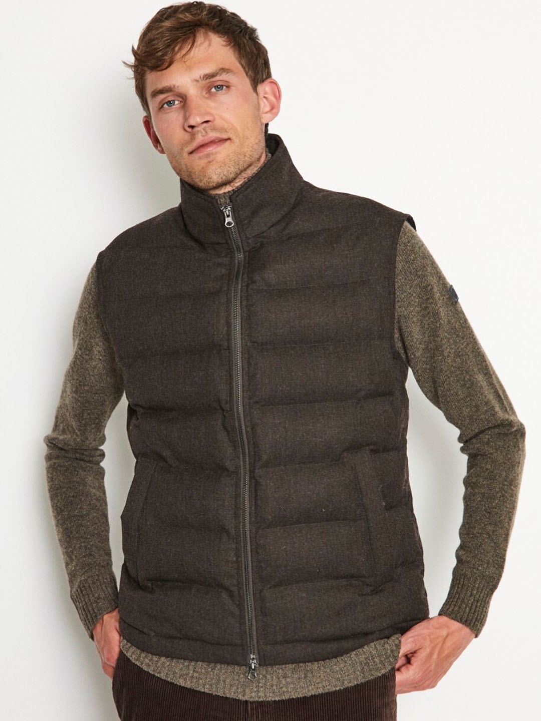 Bruun & Stengade Stand Collar Sleeveless Woollen Puffer Jacket, Brown