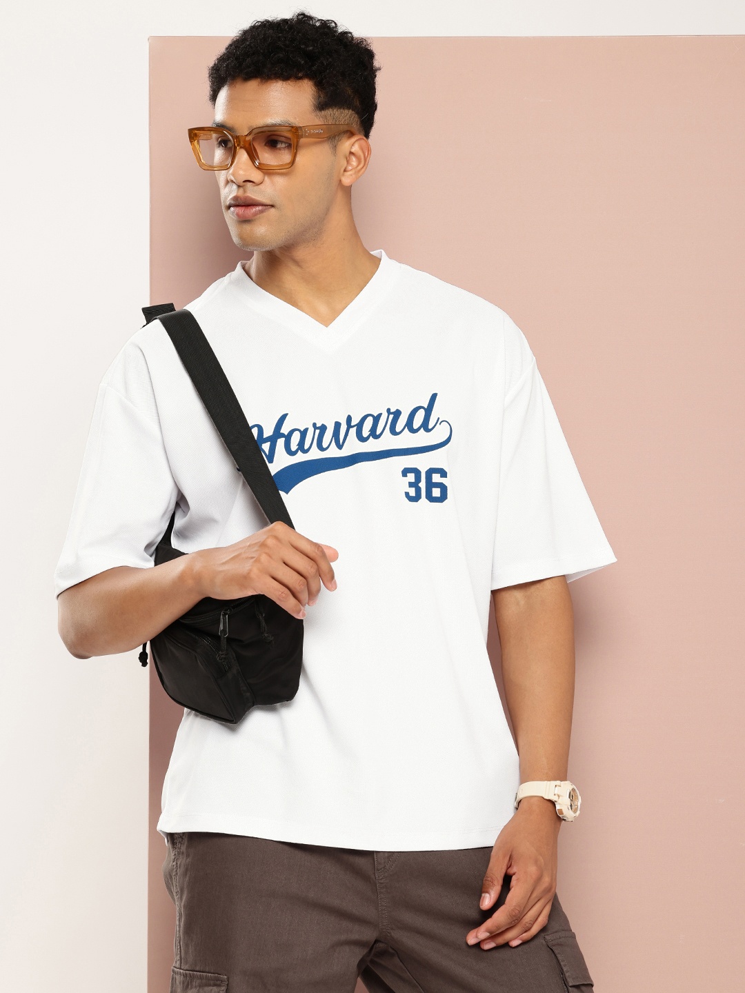 Harvard Brand Logo Printed V-Neck Drop-Shoulder Sleeves Oversized T-shirt, White