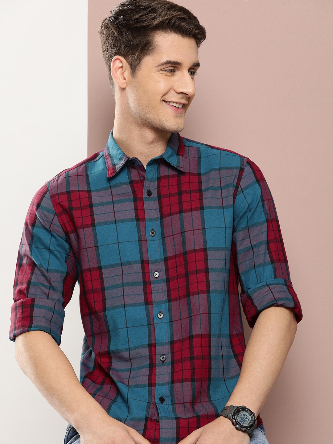 

Harvard Men Tartan Checks Pure Cotton Casual Shirt, Blue