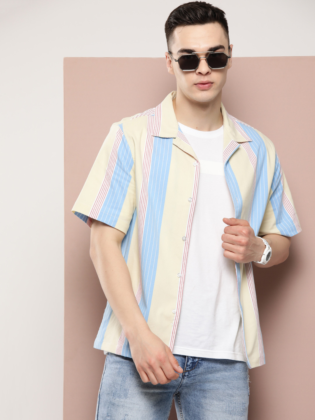 

Harvard Pure Cotton Striped Casual Shirt, Beige