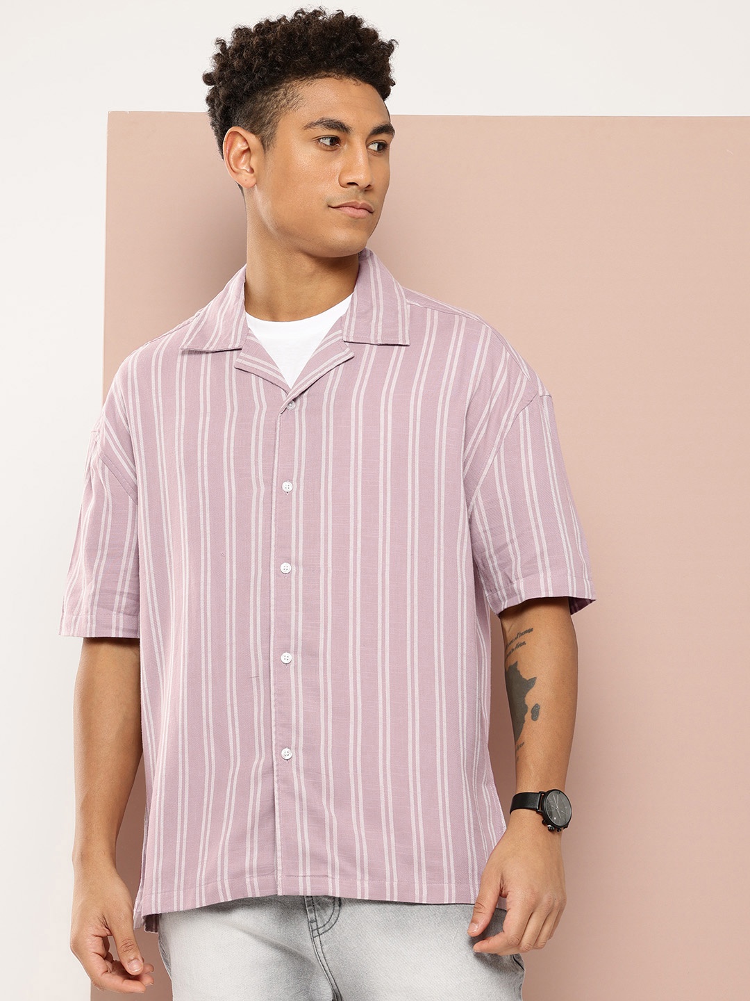 

Harvard Men Drop-shoulder Sleeves Striped Pure Cotton Shirt, Mauve