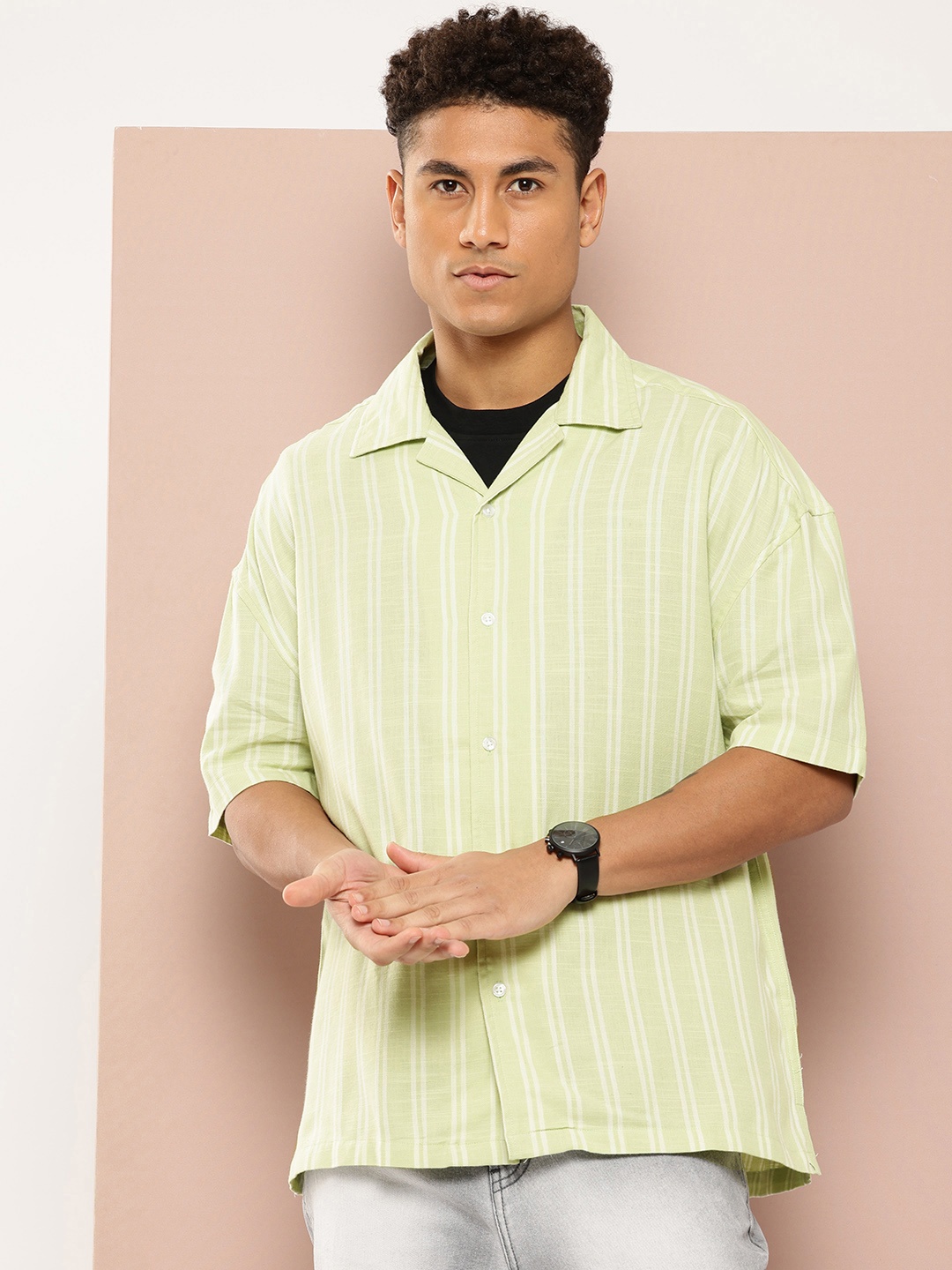 

Harvard Men Drop-shoulder Sleeves Striped Pure Cotton Shirt, Green