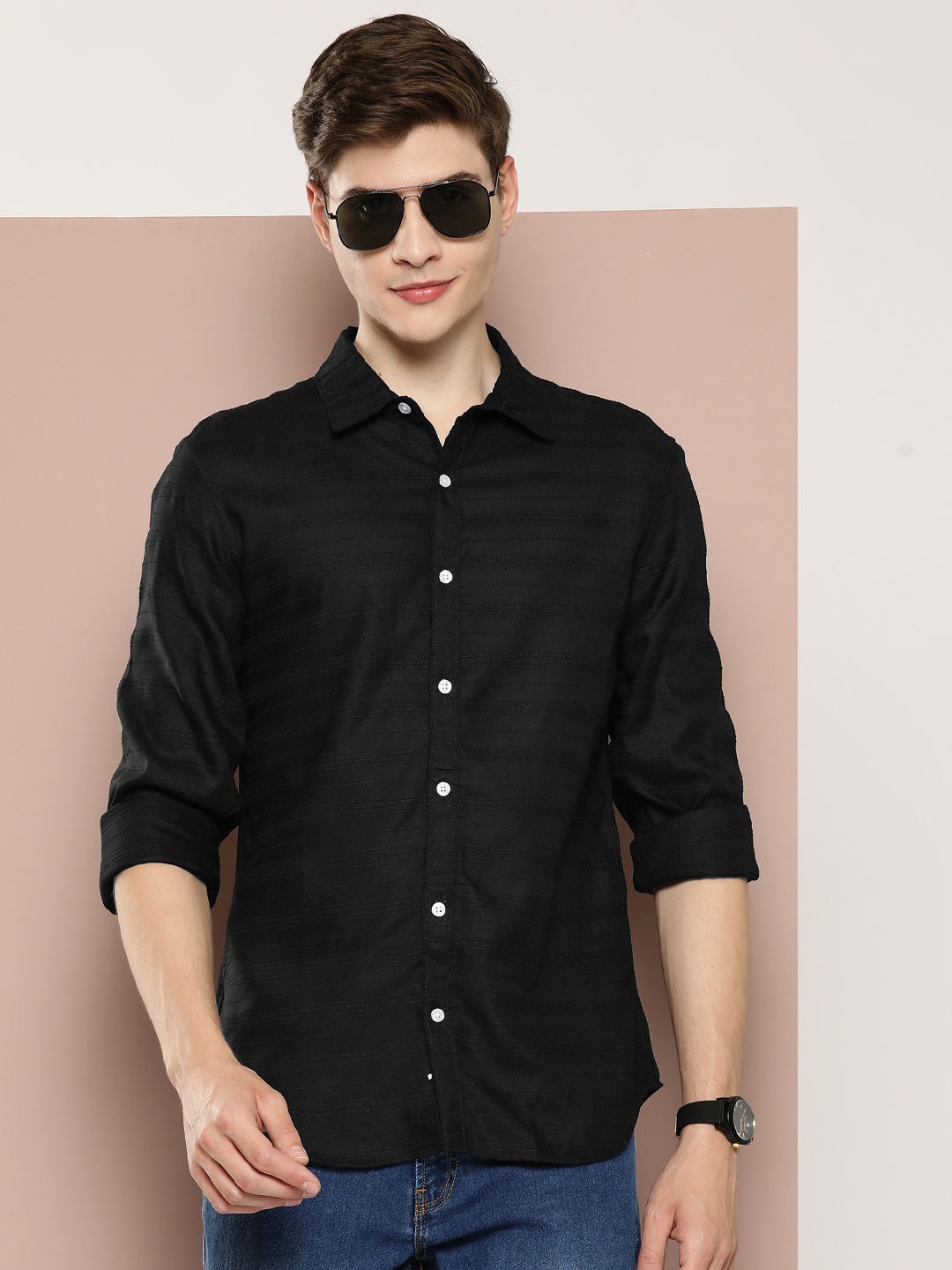 

Harvard Pure Cotton Self-Striped Casual Shirt, Black