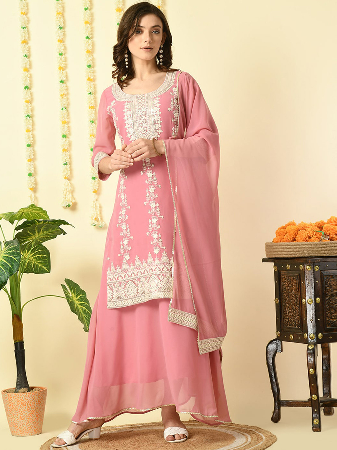 

KALINI Ethnic Motifs Embroidered Thread Work Detailed Straight Kurta & Skirt With Dupatta, Pink