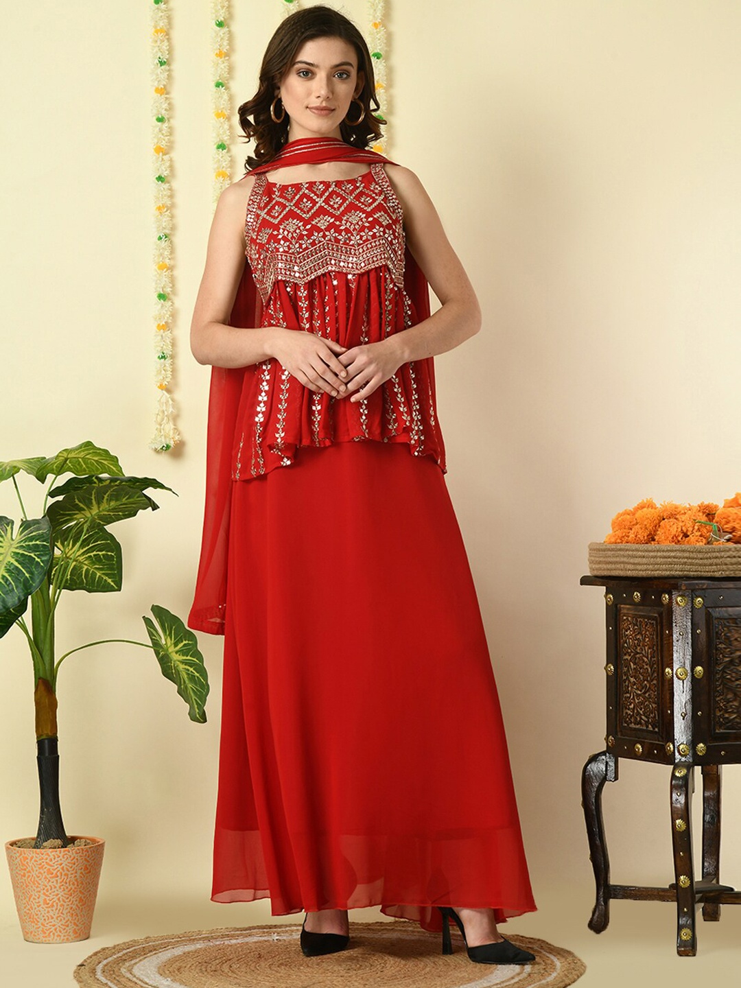 KALINI Ethnic Motifs Embroidered A-Line Top with Skirt & Dupatta, Red