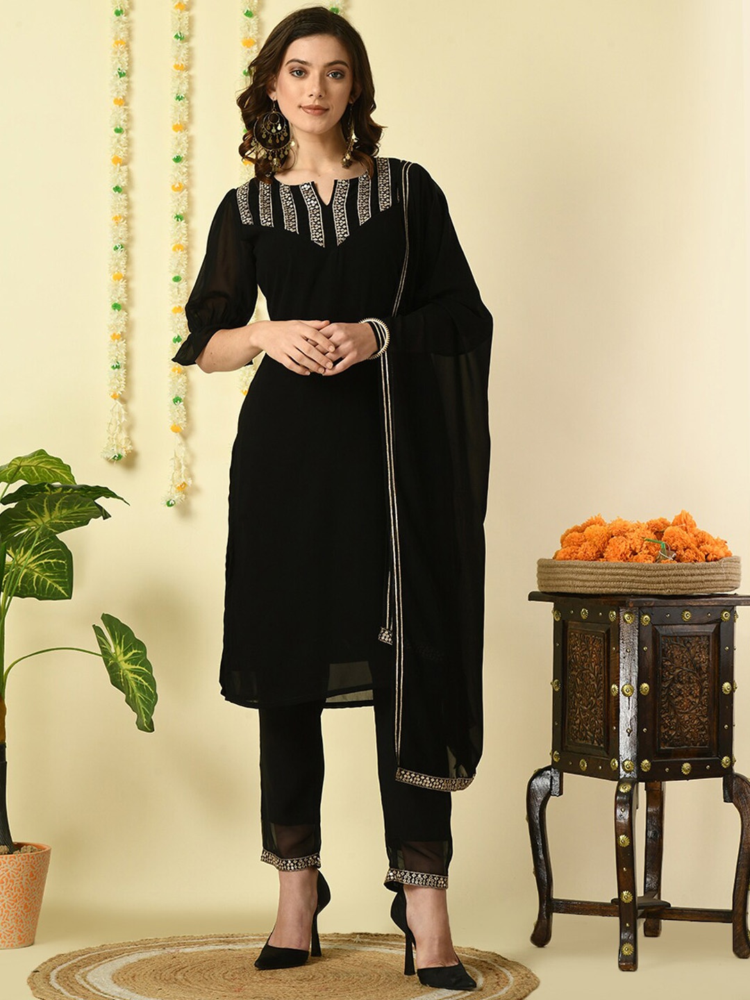 KALINI Yoke Design Sequined Puff Sleeves Kurta with Trousers & Dupatta, Black