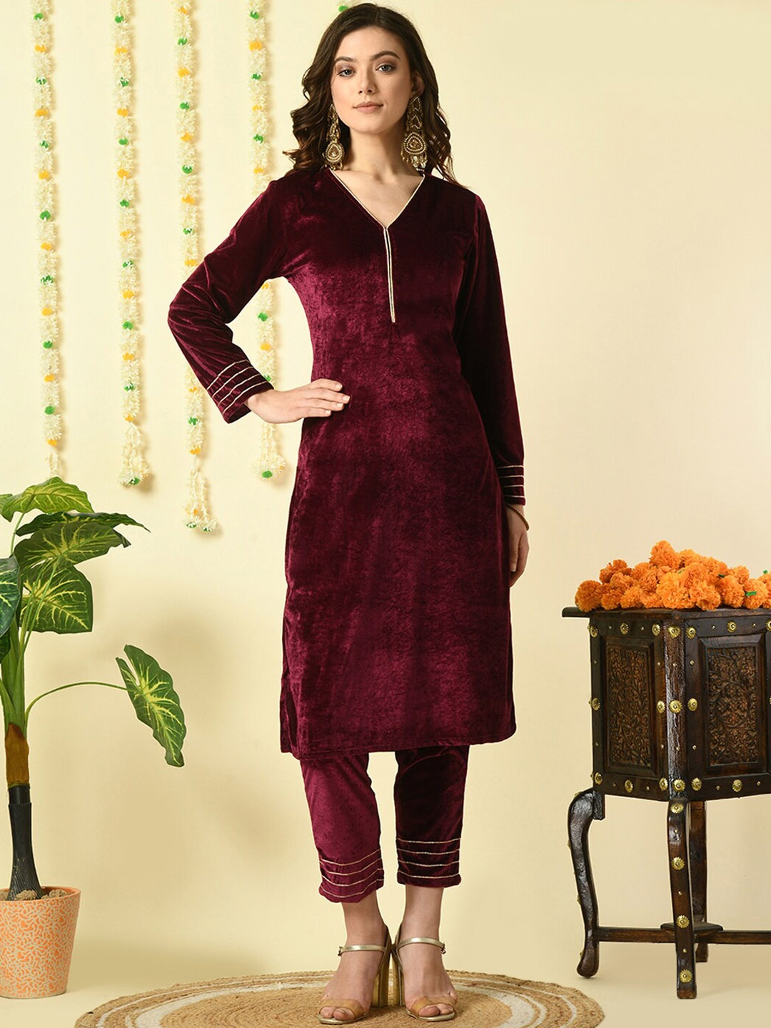 

KALINI V-Neck Velvet Kurta with Trousers, Magenta