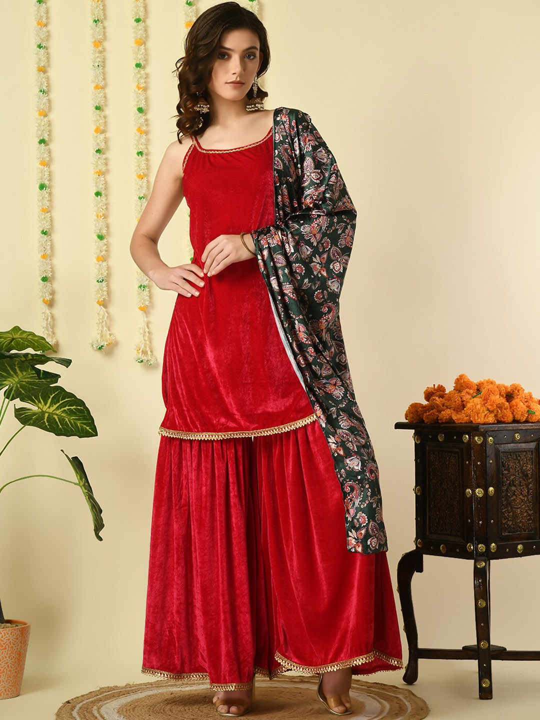 

KALINI Shoulder Straps Gotta Patti Sleeveless Velvet Kurti With Sharara & Dupatta, Pink