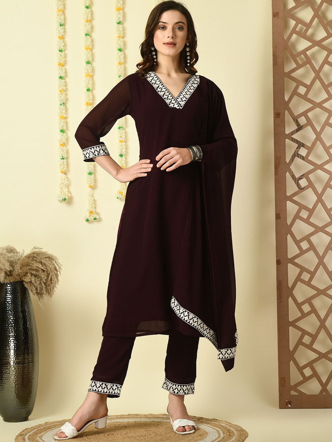 

KALINI Thread Work Georgette Kurta With Trousers & Dupatta, Coffee brown