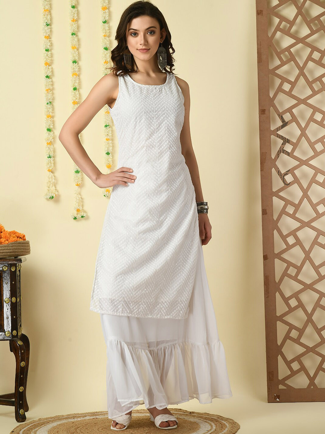 

KALINI Chevron Embroidered Regular Thread Work Georgette Kurta With Skirt & Dupatta, White