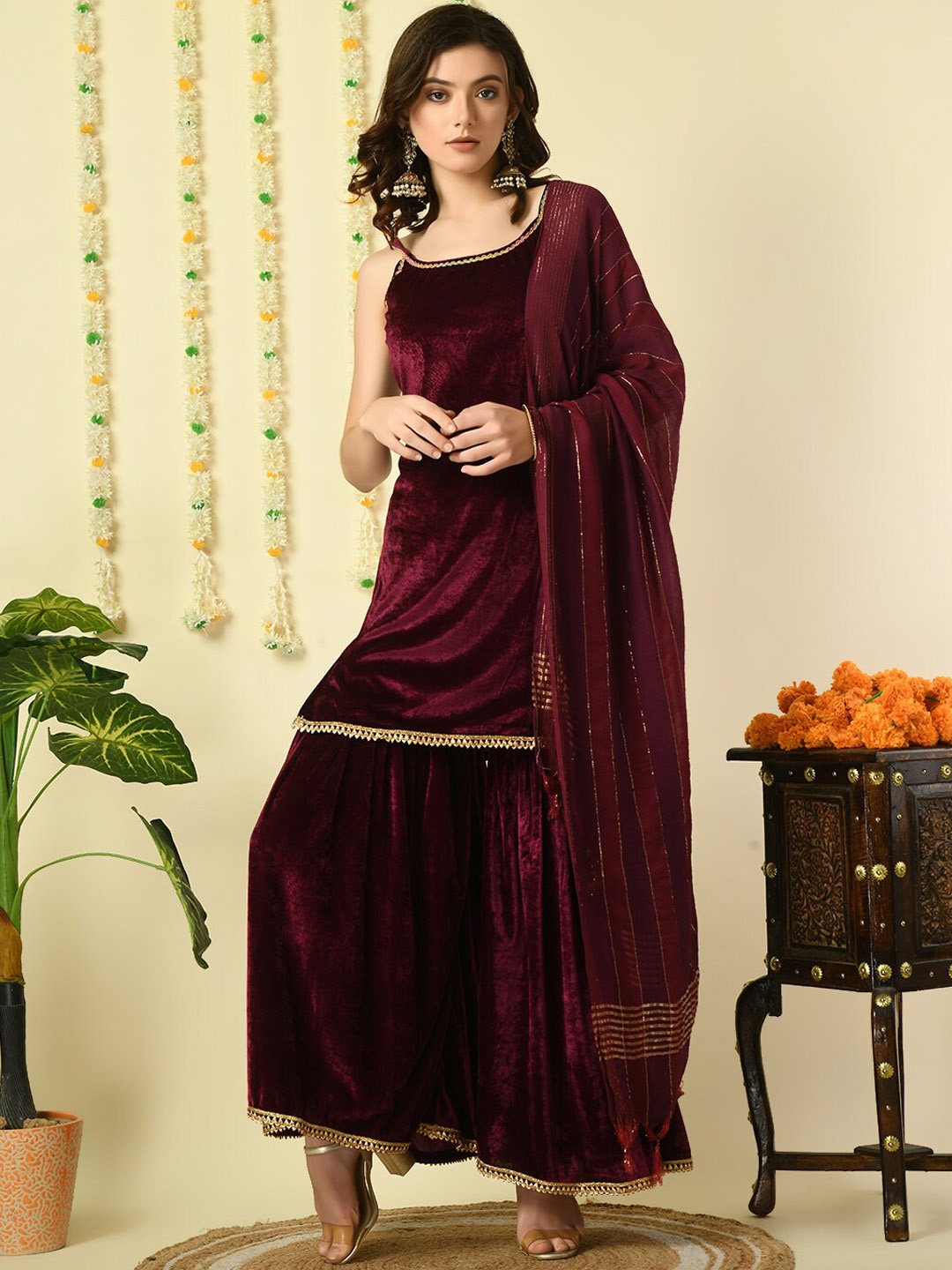 

KALINI Shoulder Straps Regular Gotta Patti Velvet Kurta With Sharara & Dupatta, Magenta