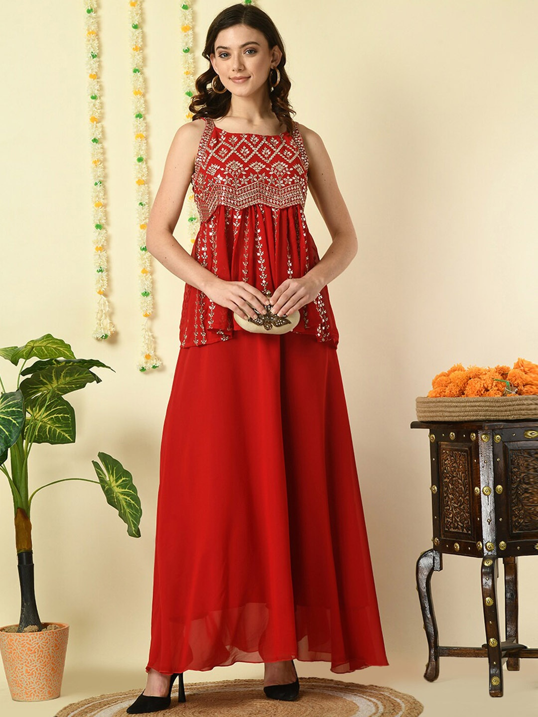 

KALINI Ethnic Motifs Embroidered Top With Skirt, Red