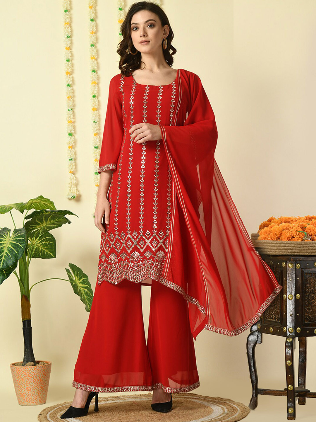 

KALINI Ethnic Motifs Embroidered Sequined Kurta with Palazzos & Dupatta, Red