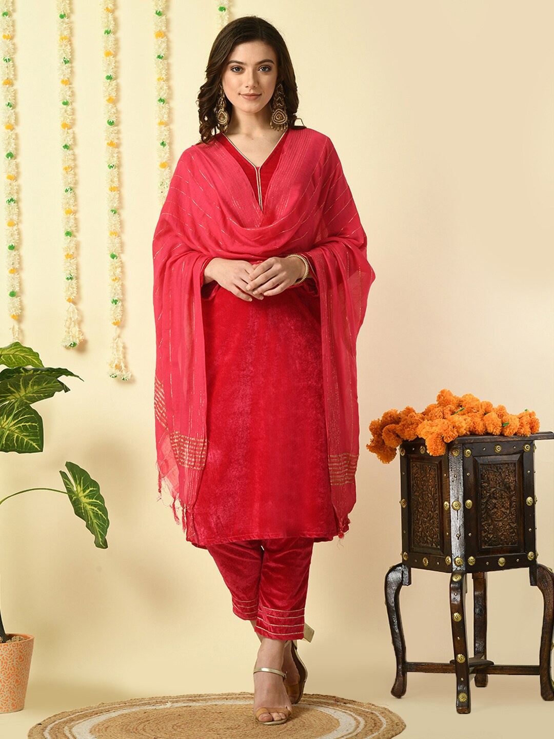 

KALINI V-Neck Velvet Kurta with Trousers & Dupatta, Pink