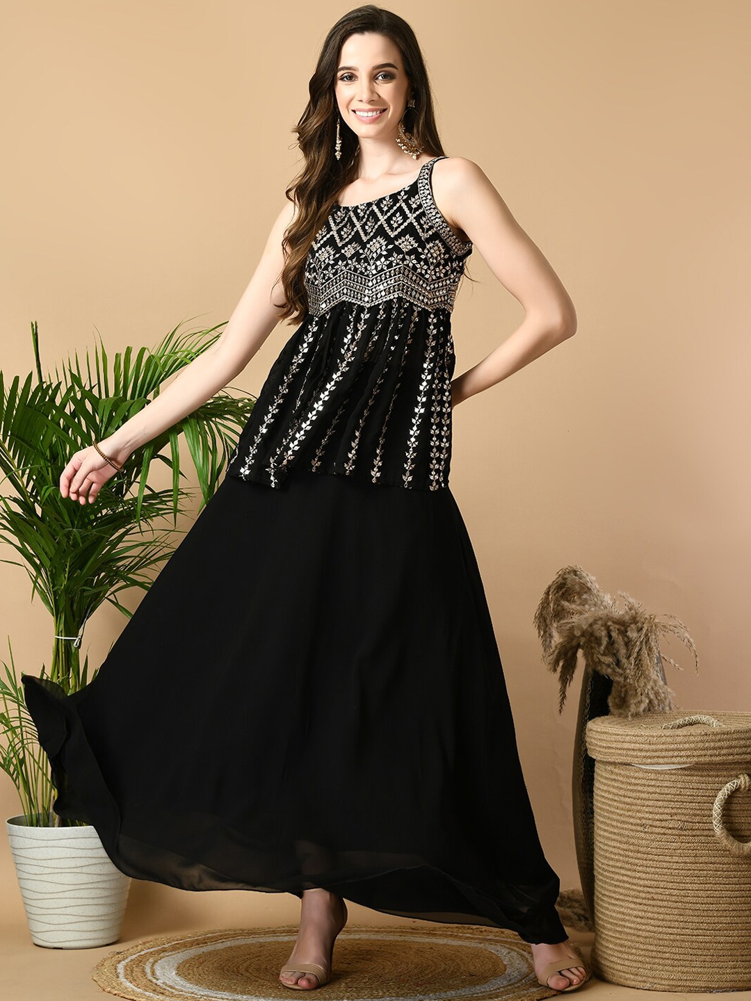 

KALINI Ethni Motifs Embroidered Thread Work A-Line Kurti with Skirt, Black