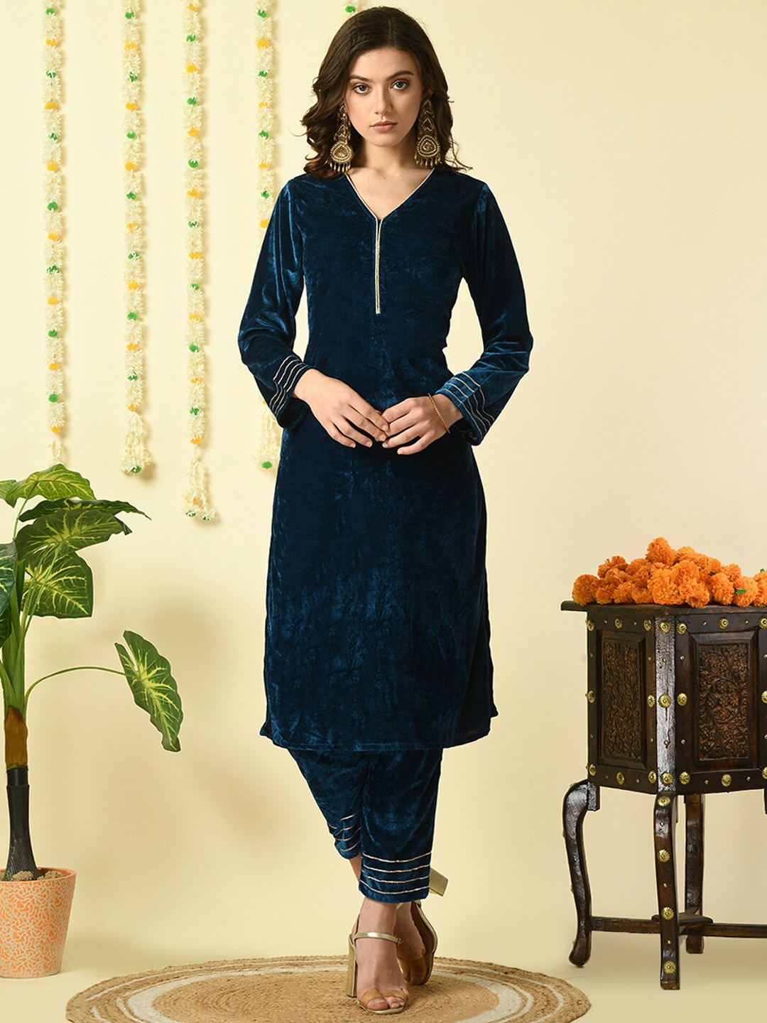

KALINI V-Neck Gotta Patti Velvet Straight Kurta With Trousers, Teal