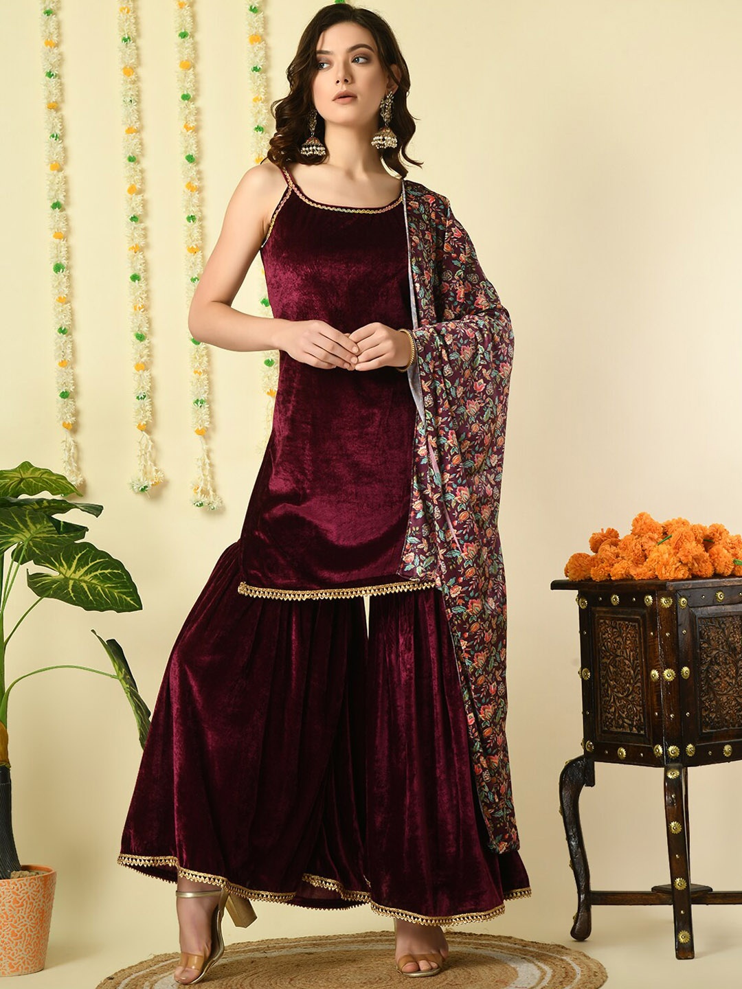 

KALINI Shoulder Straps Gotta Patti Sleeveless Velvet Kurti With Sharara & Dupatta, Maroon