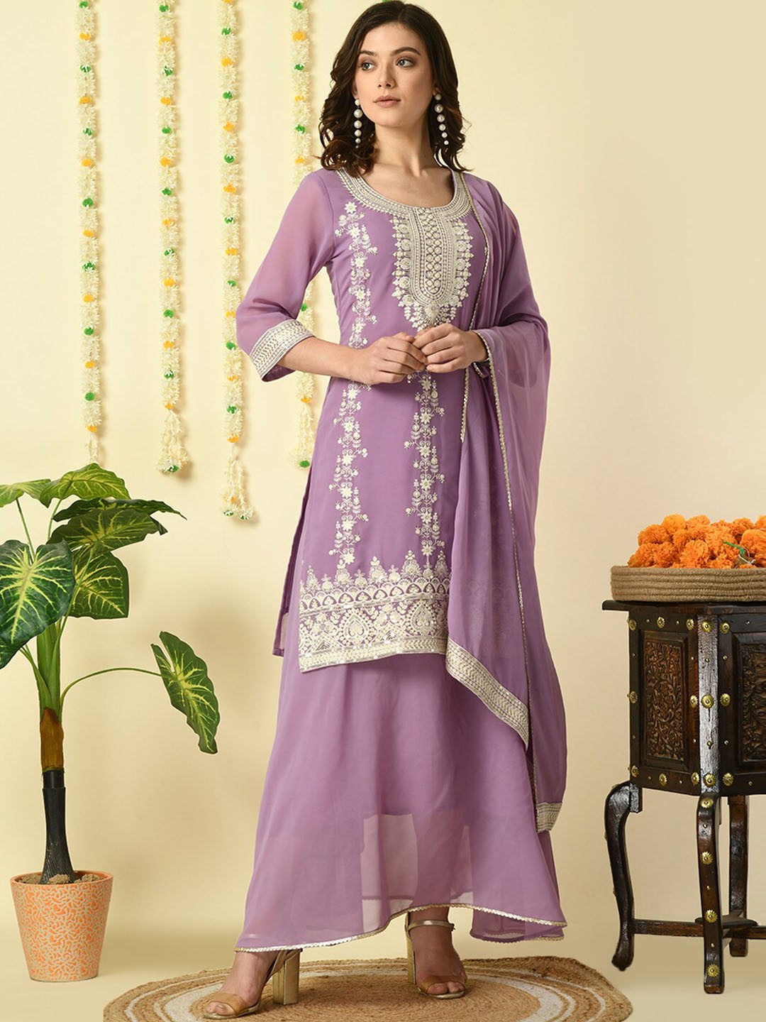 

KALINI Ethnic Motifs Embroidered Thread Work Georgette Kurta With Skirt & Dupatta, Purple